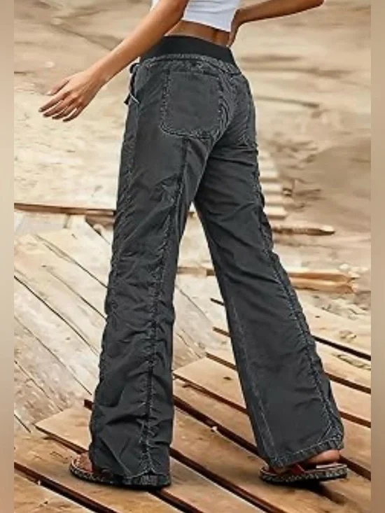 Flamingals Solid Stitch Detail Drawstring Mid Rise Straight Leg Cargo XS NWT - Picture 4 of 8